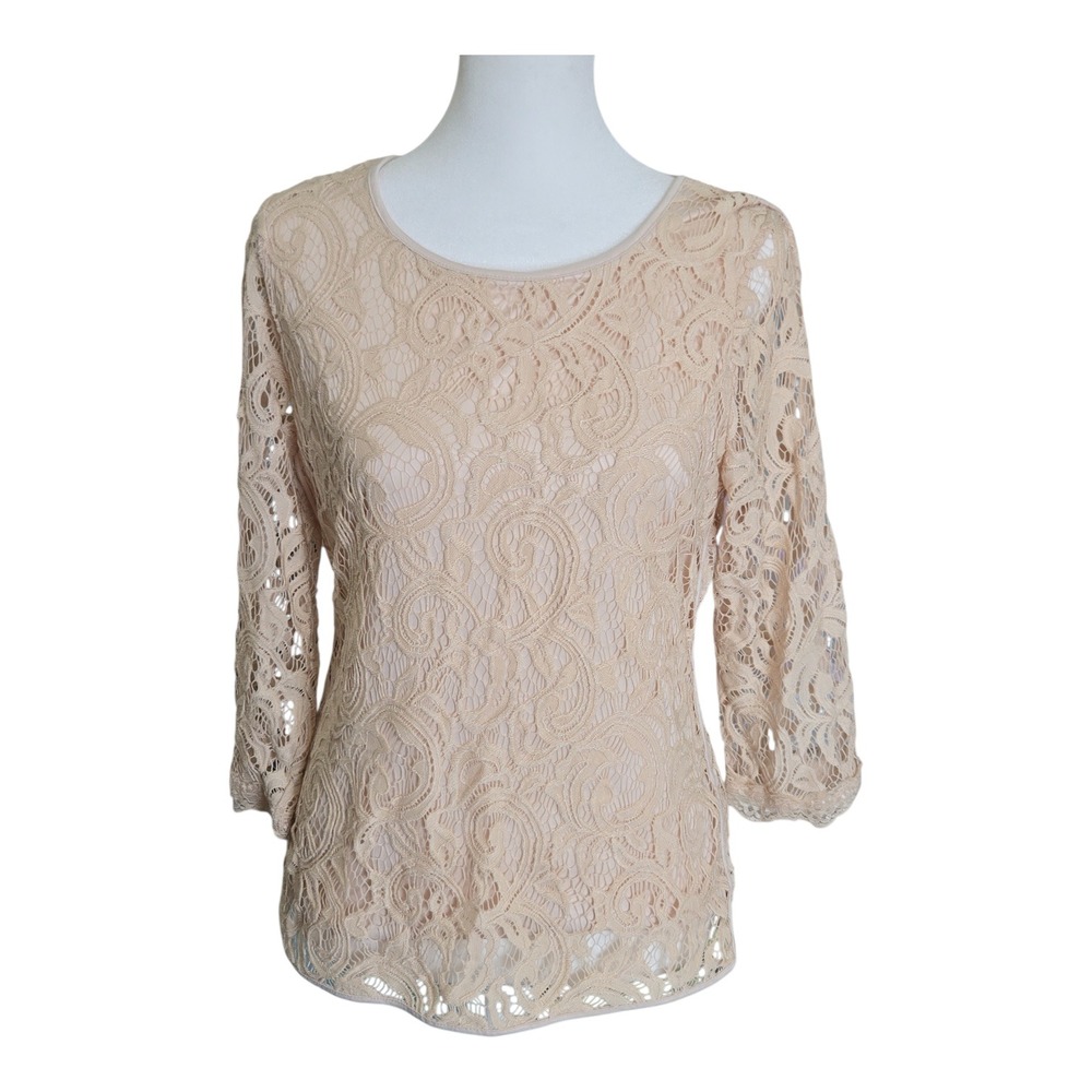 Adrianna Papell Crochet 3/4 Sleeve Sheer‎ Overlay Top Beige Lace Cuff Size Small